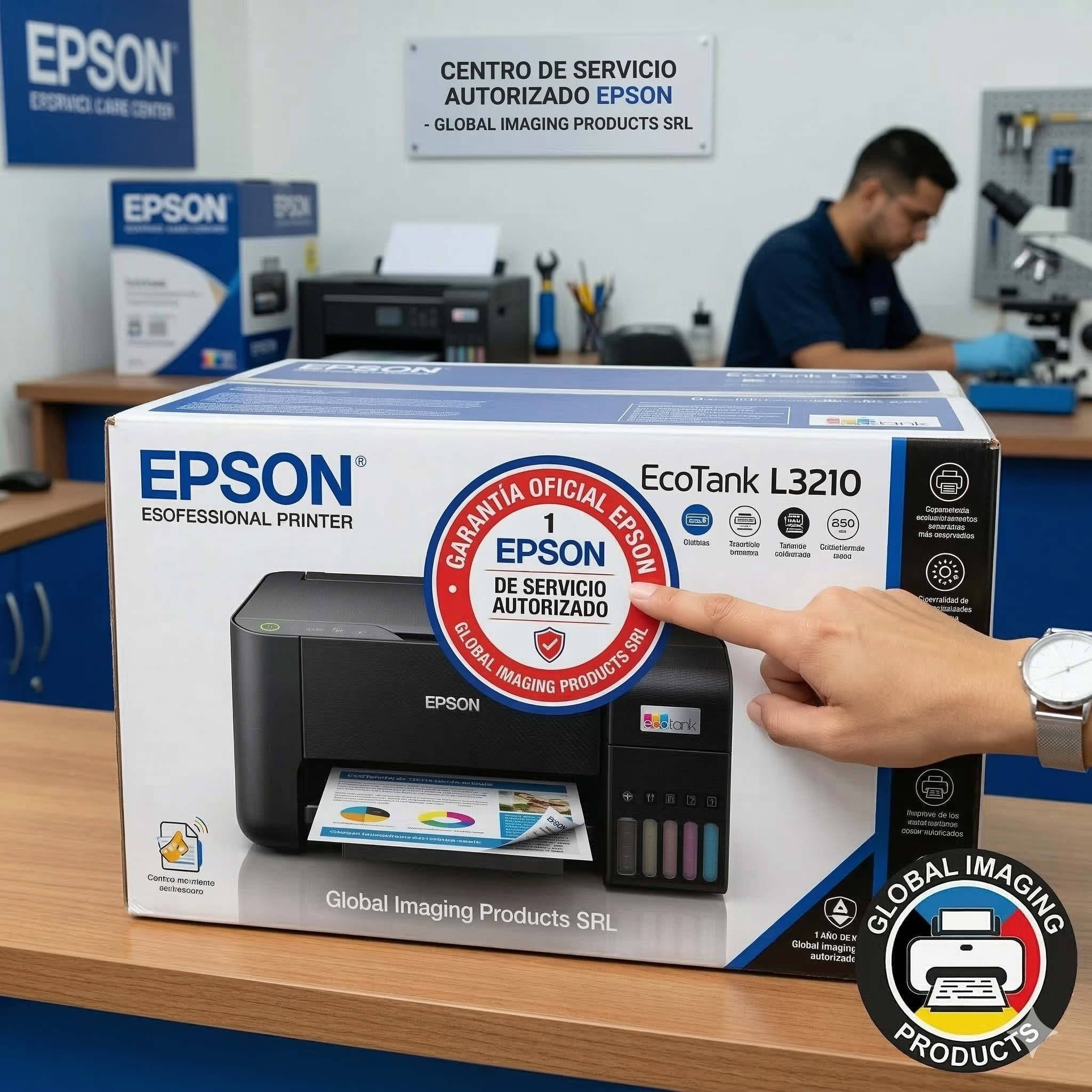 Una mano señalando el sello de Garantía en una caja de Epson 2